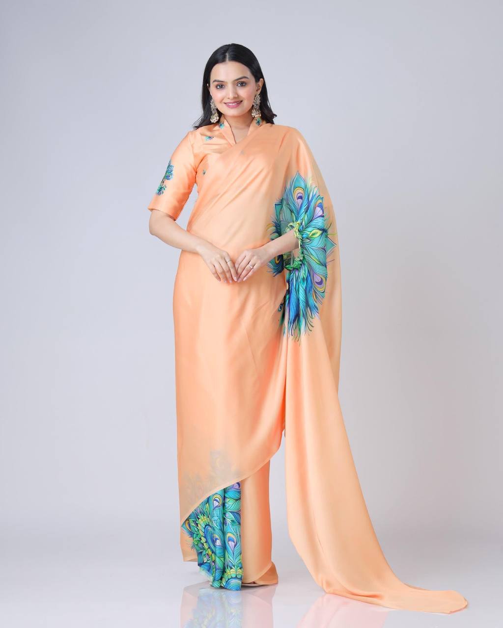 Teeya Creation Orange Color Japan Satin Silk Digital Print Ready To Wear Saree - Distacart