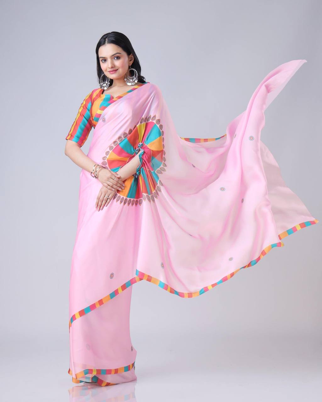 Teeya Creation Pink Color Japan Satin Silk Digital Print Ready To Wear Saree - Distacart