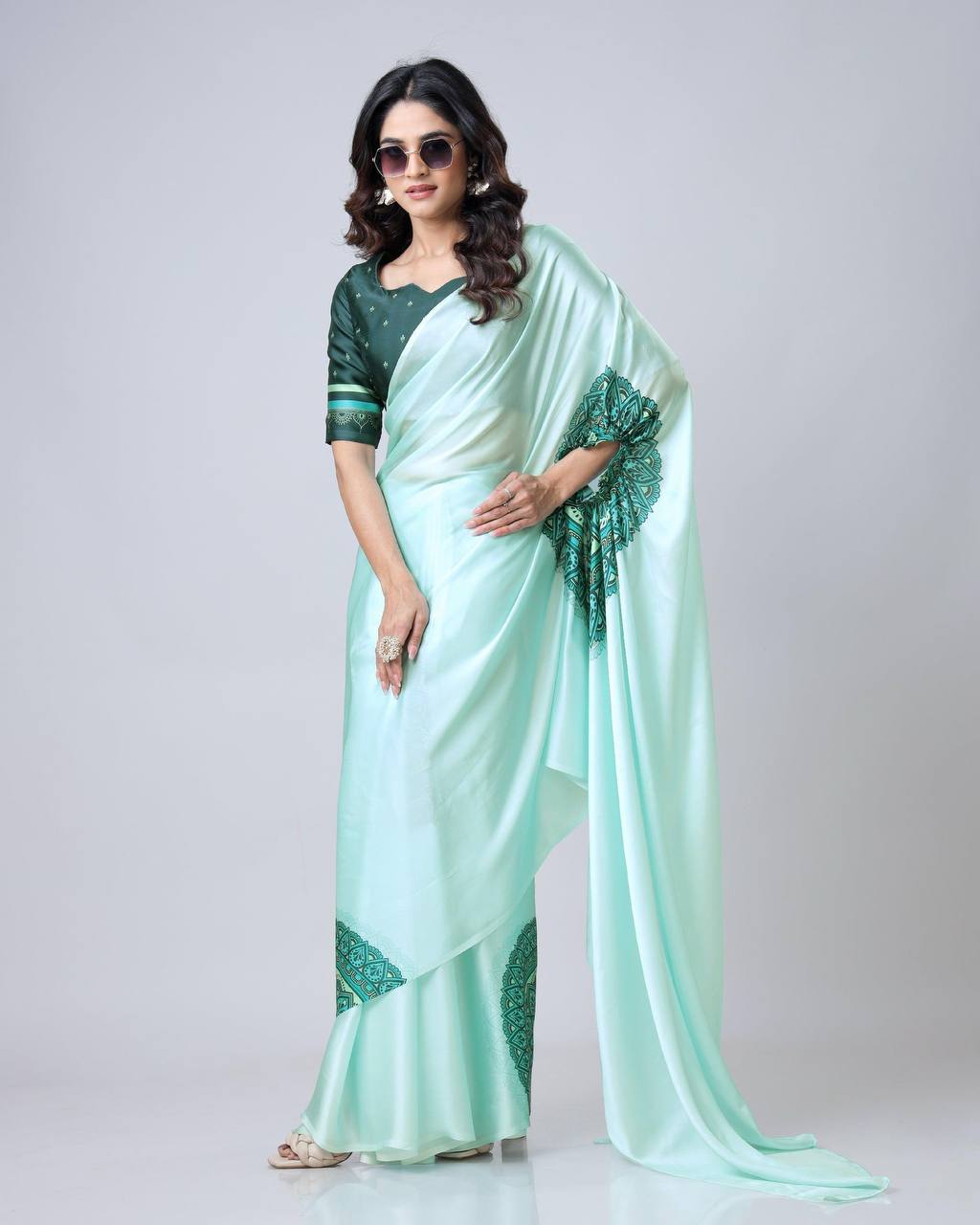 Teeya Creation Pista Color Japan Satin Silk Digital Print Ready To Wear Saree - Distacart