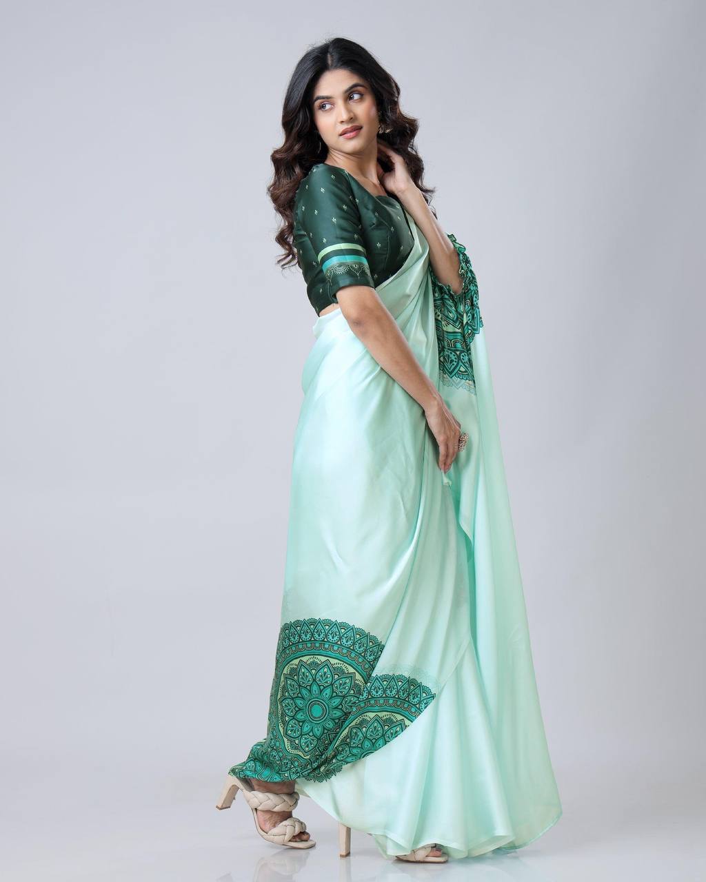Teeya Creation Pista Color Japan Satin Silk Digital Print Ready To Wear Saree - Distacart