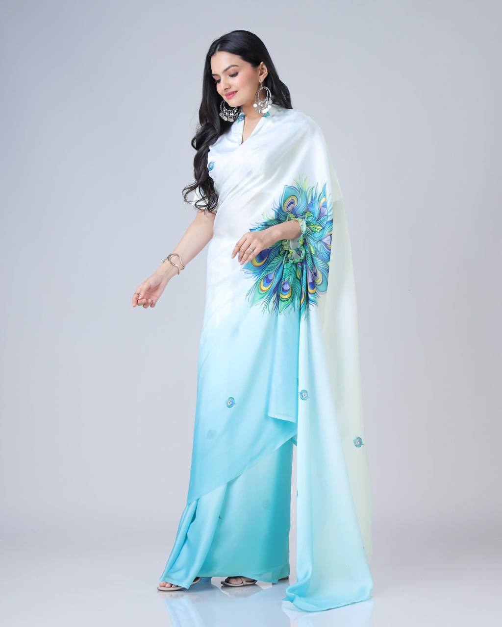 Teeya Creation Sky Color Japan Satin Silk Digital Print Ready To Wear Saree - Distacart