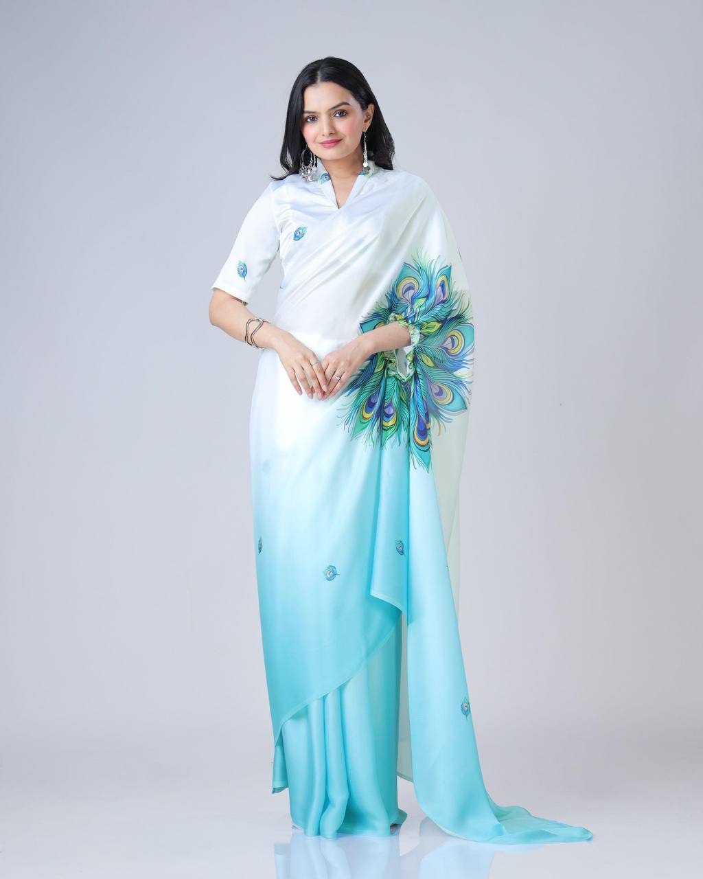 Teeya Creation Sky Color Japan Satin Silk Digital Print Ready To Wear Saree - Distacart