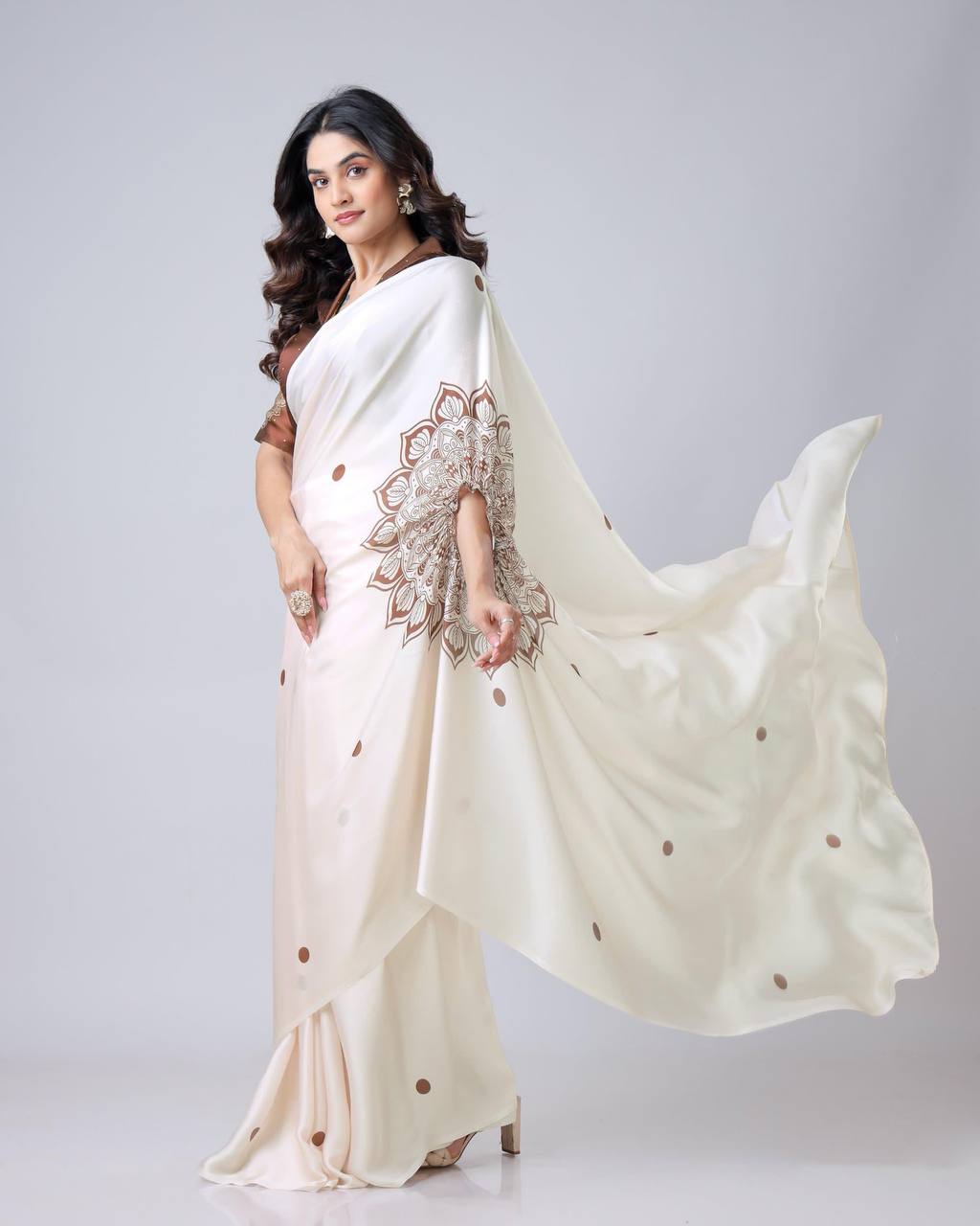 Teeya Creation White Color Japan Satin Silk Digital Print Ready To Wear Saree - Distacart
