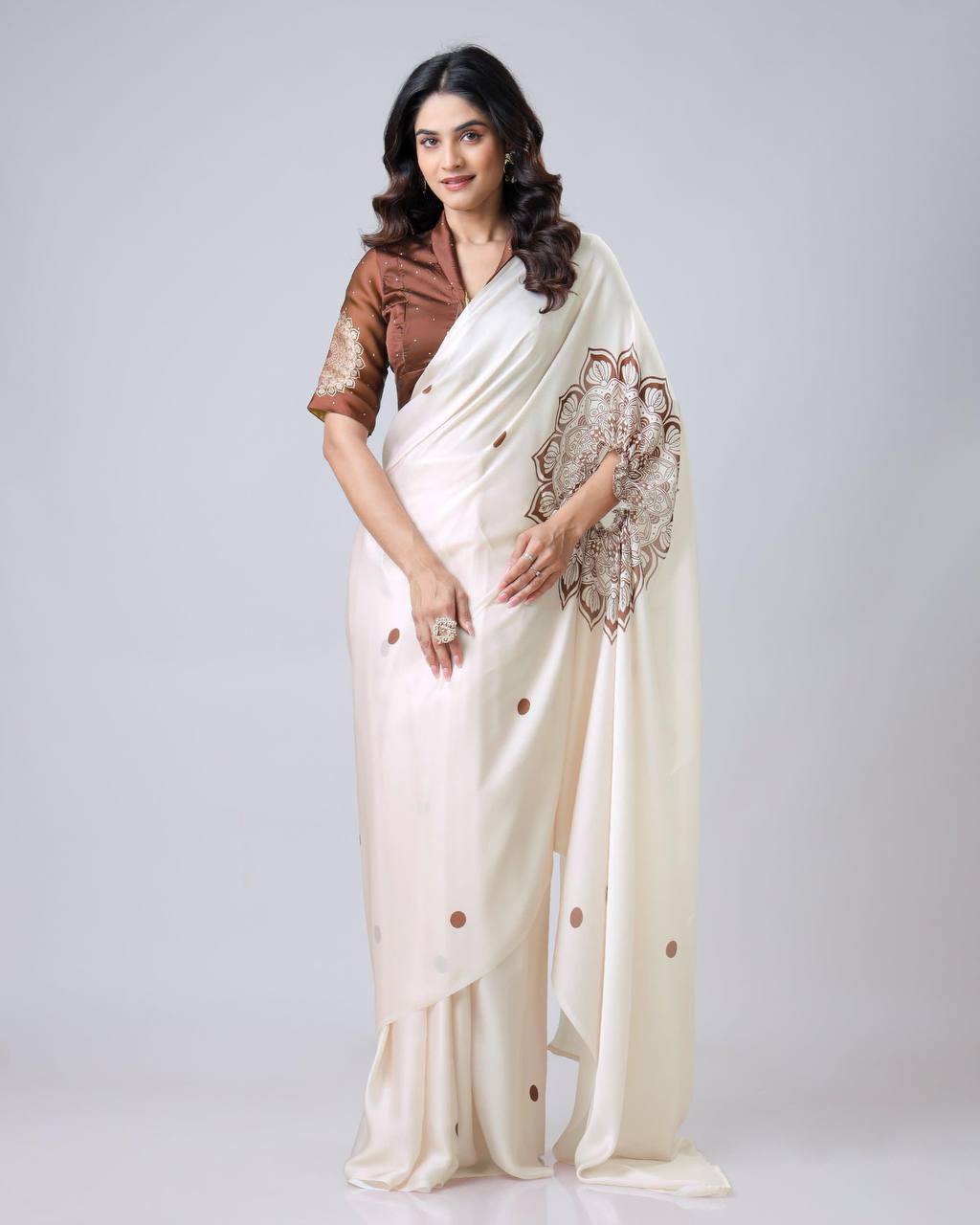 Teeya Creation White Color Japan Satin Silk Digital Print Ready To Wear Saree - Distacart