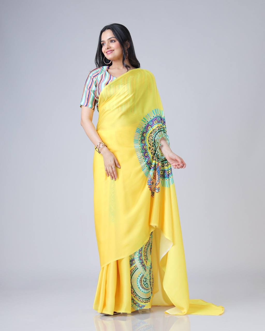 Teeya Creation Yellow Color Japan Satin Silk Digital Print Ready To Wear Saree - Distacart