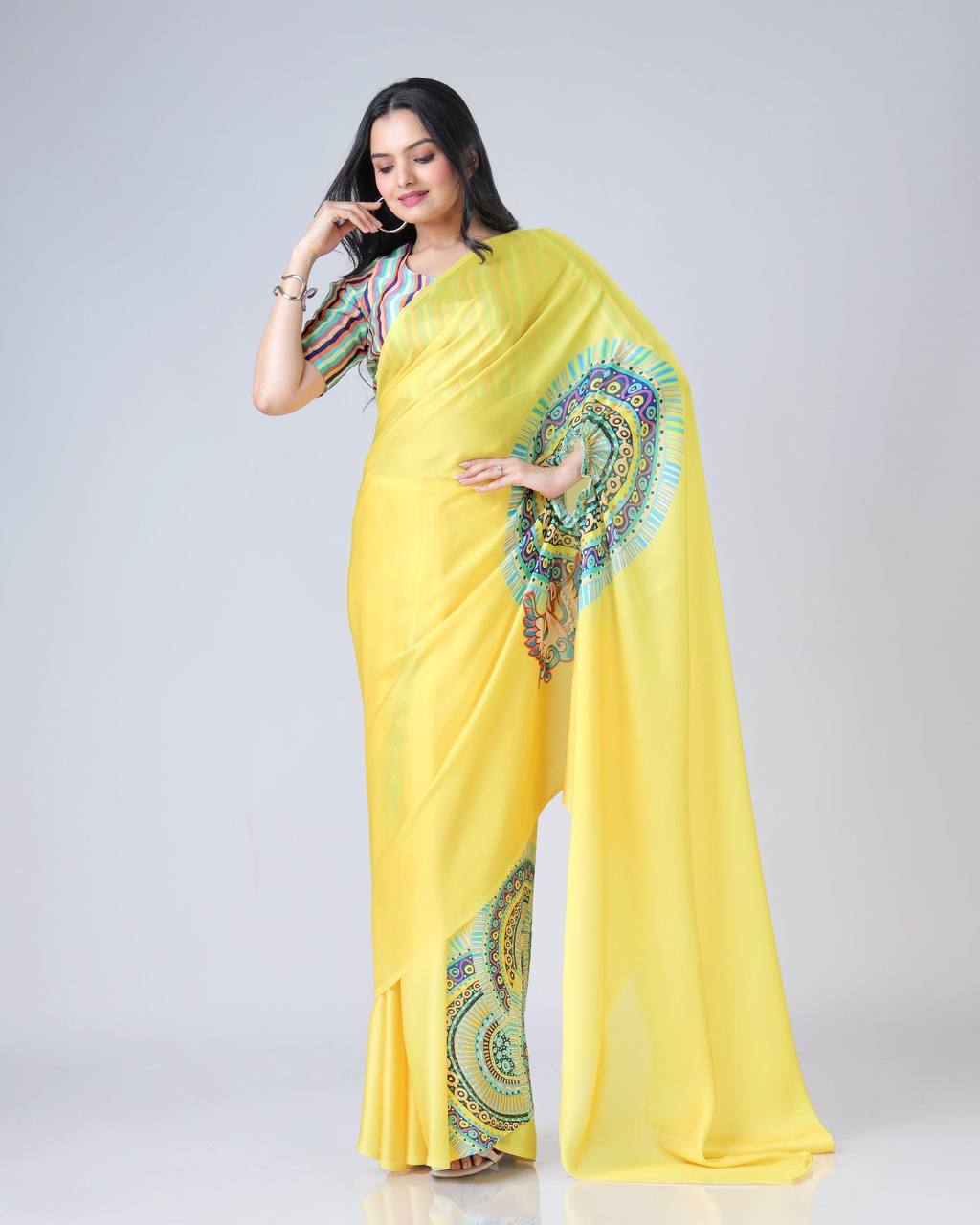 Teeya Creation Yellow Color Japan Satin Silk Digital Print Ready To Wear Saree - Distacart