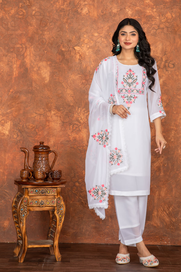 Malishka Women's White Heavy Faux Georgette Embroidery Kurta Pant Set With Dupatta - Distacart