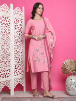 Thumbnail for Jyoti Fashion Women's Pink Muslin Floral Print with Jari & Crystal work Kurta with Trouser & Dupatta - Distacart