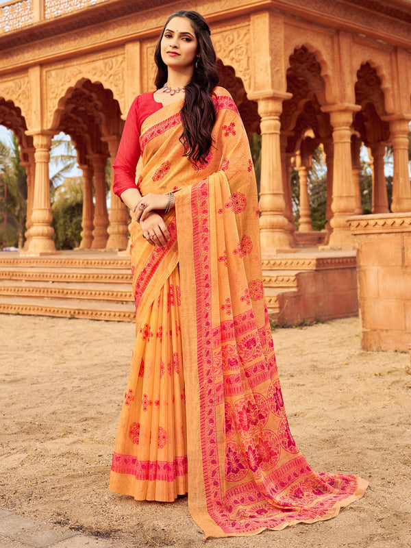 NOZ2TOZ Women's Chiffon Orange Printed Designer Saree With Blouse Piece - Distacart
