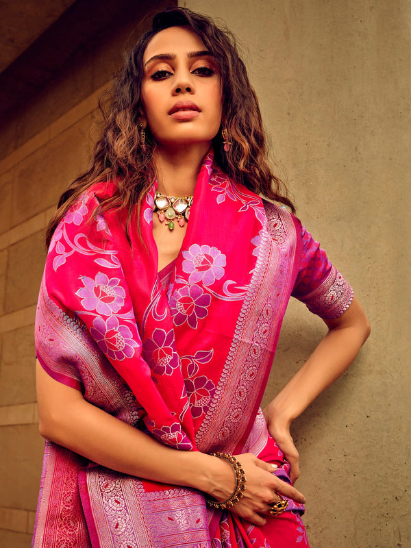 NOZ2TOZ Women's Satin Silk Pink Woven Design Designer Saree With Blouse Piece - Distacart