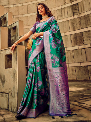 NOZ2TOZ Women's Satin Silk Teal green Woven Design Designer Saree With Blouse Piece - Distacart