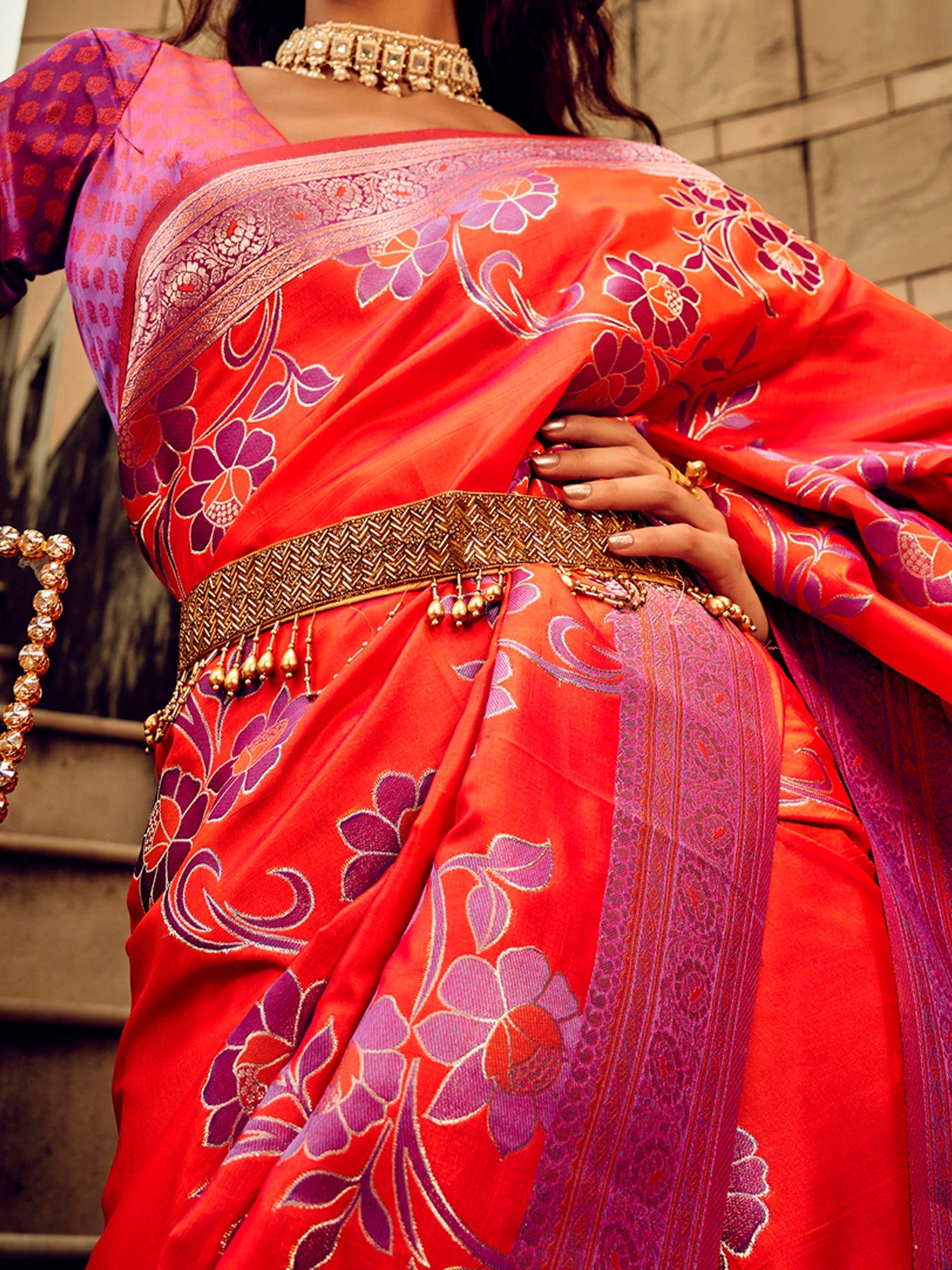 NOZ2TOZ Women's Satin Silk Red Woven Design Designer Saree With Blouse Piece - Distacart