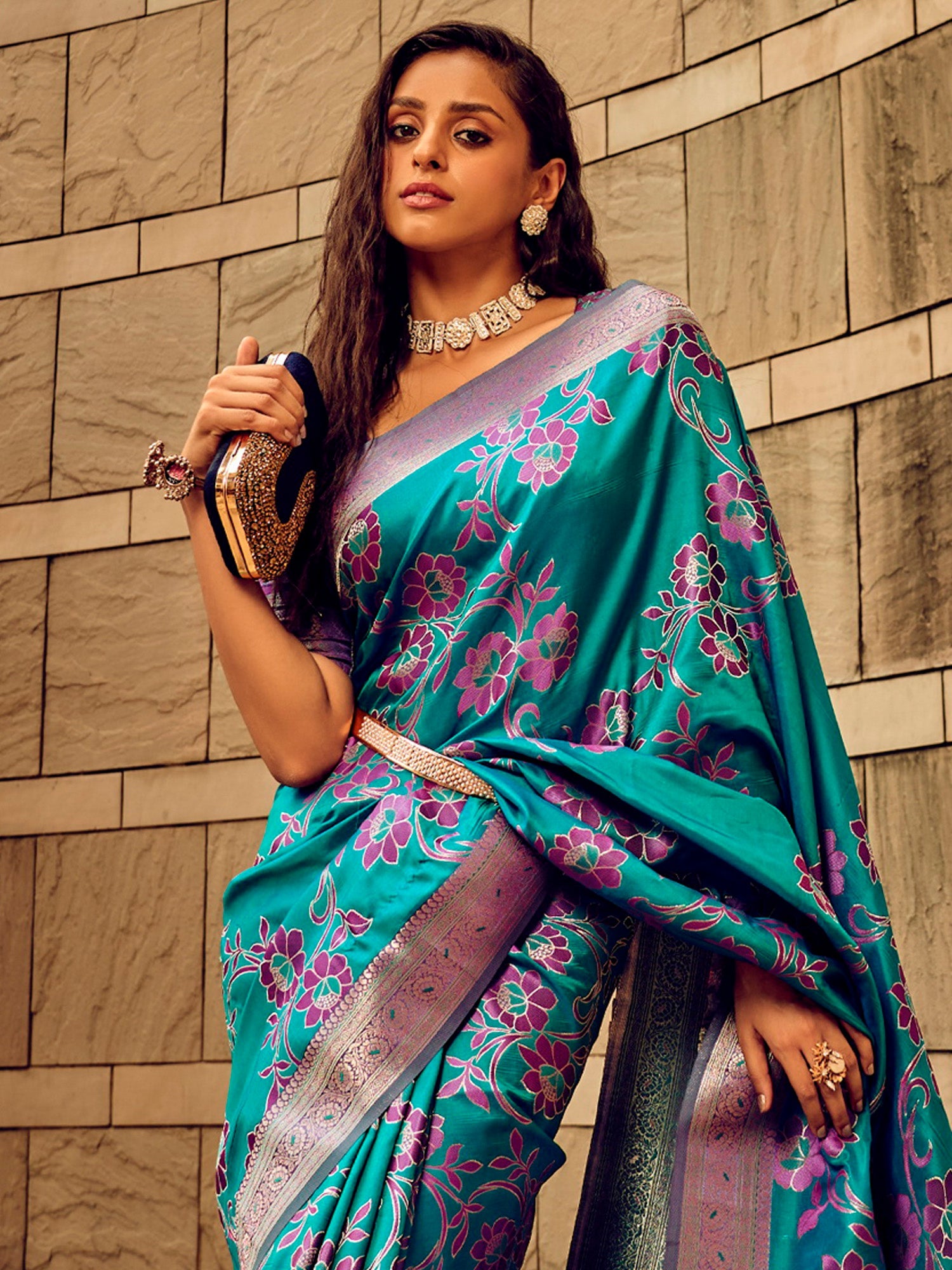 NOZ2TOZ Women's Satin Silk Teal blue Woven Design Designer Saree With Blouse Piece - Distacart