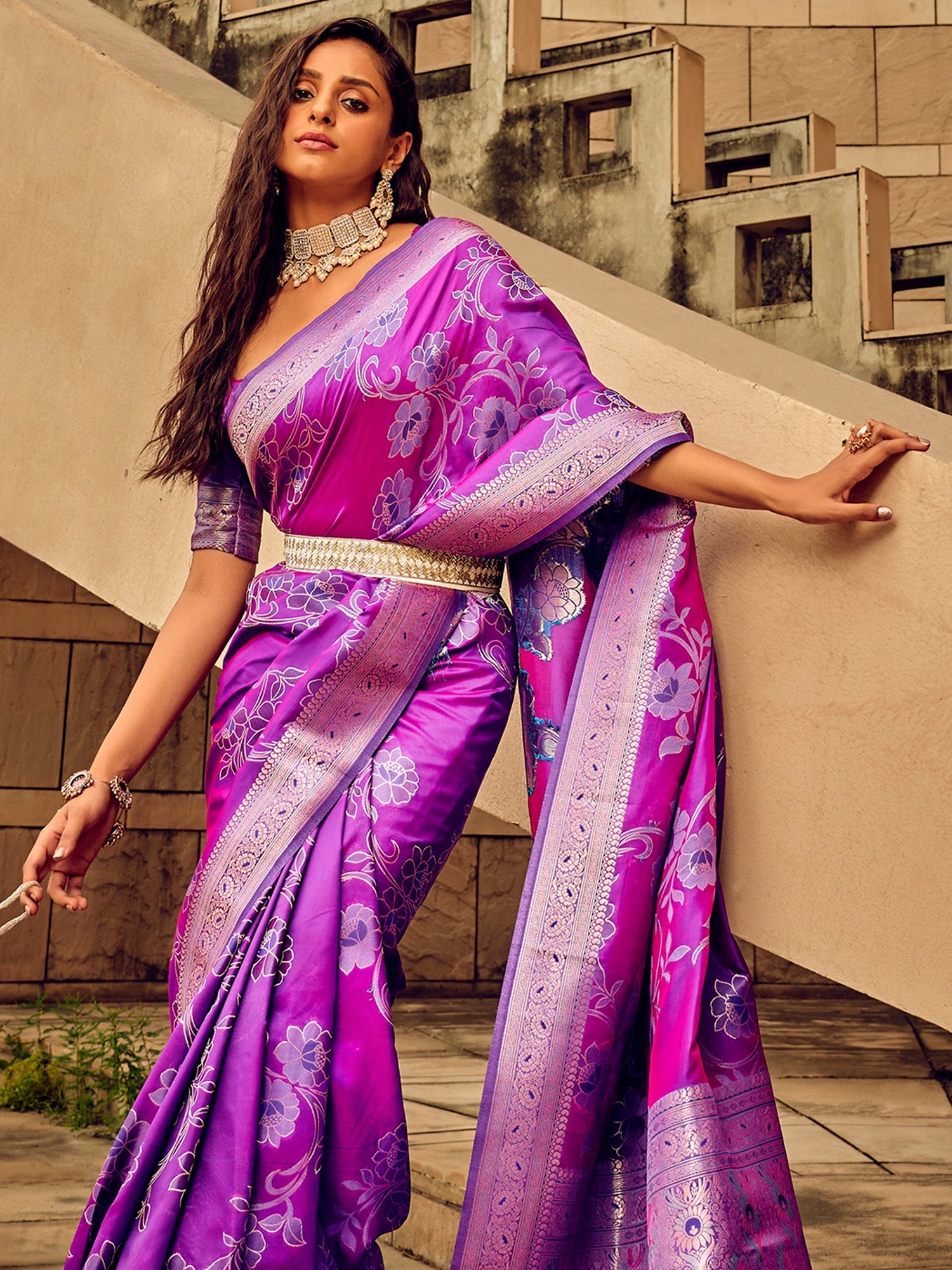 NOZ2TOZ Women's Satin Silk Magenta Woven Design Designer Saree With Blouse Piece - Distacart