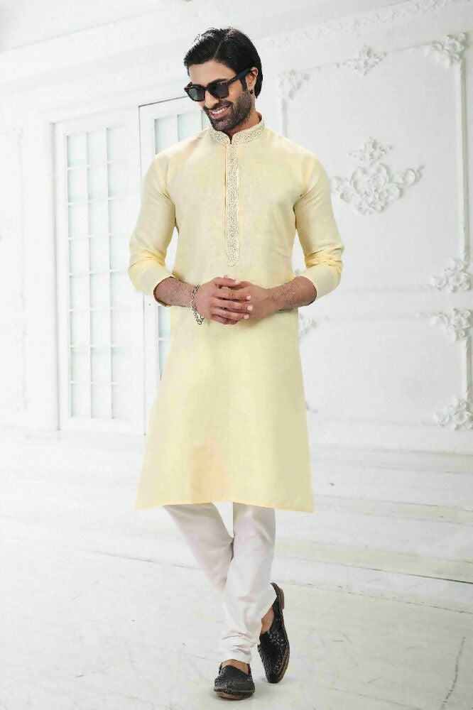 Raivat Ethnic Linen Cotton Thread Work Kurta Pajama In Yellow Colour - Dista