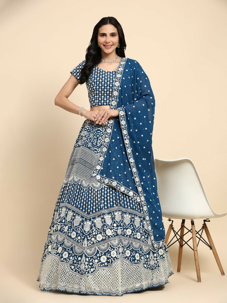 Teal Georgette Thread Embroidered Lehenga Choli with Dupatta - Tanya - Distacart