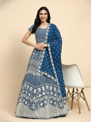 Teal Georgette Thread Embroidered Lehenga Choli with Dupatta - Tanya - Distacart