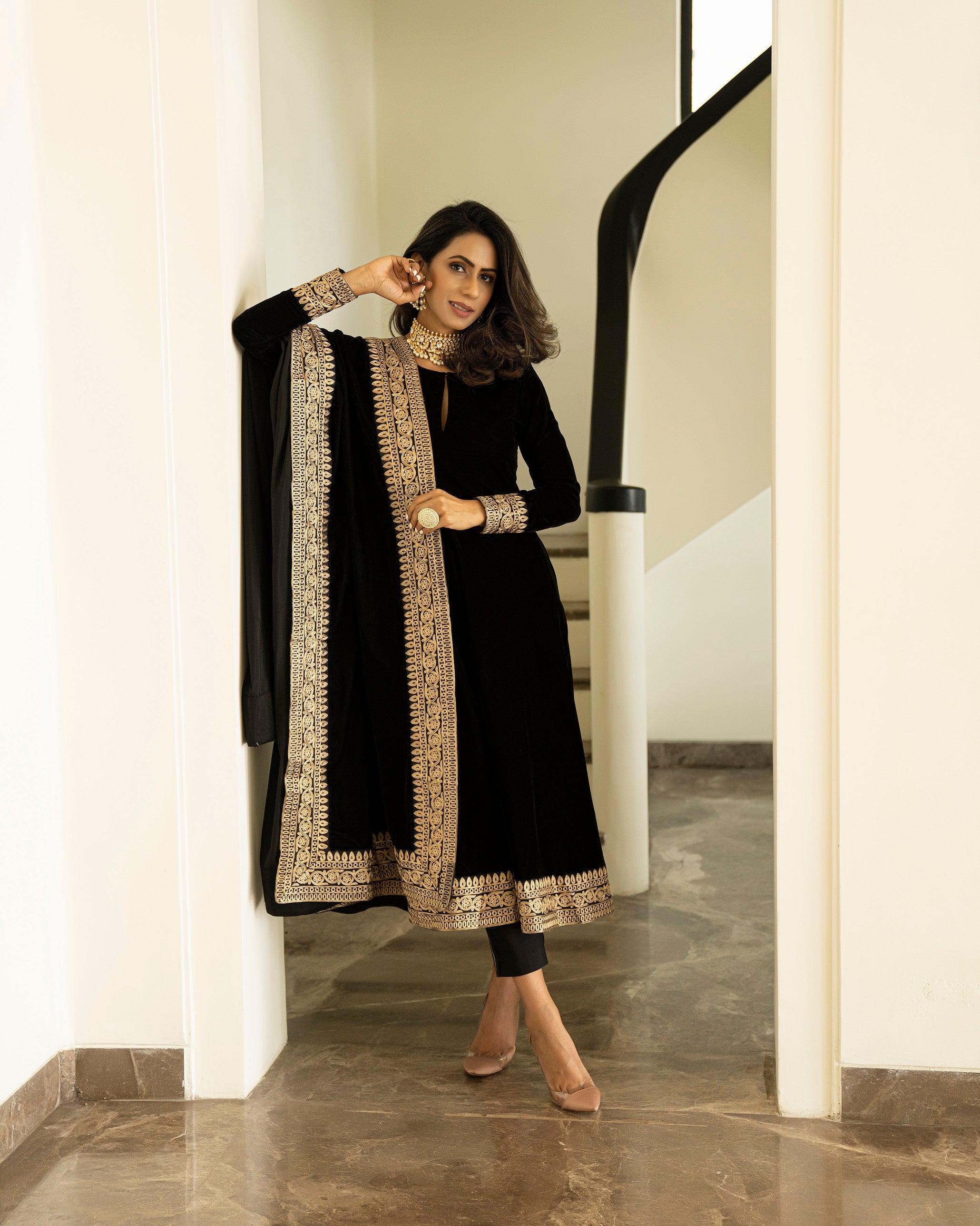 trueBrowns Black Velvet Flared Embroidered Kurta - Distacart