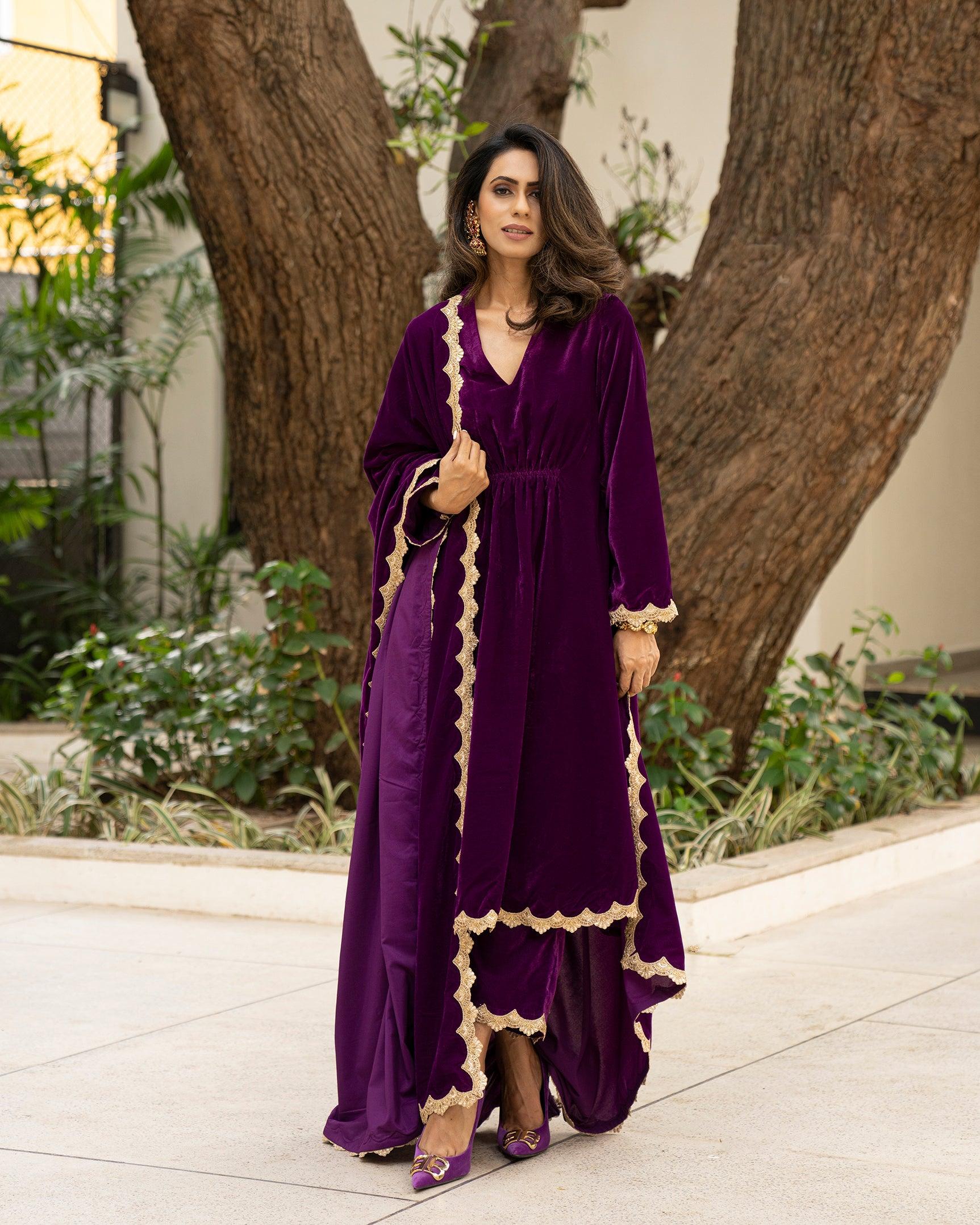 trueBrowns Wine Velvet Lace Kurta Pant Set - Distacart