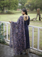 Thumbnail for Jyoti Fashion Women's Navy Blue Faux Blooming Sequins with Zari Embroidery Anarkali Dress with Dupatta - Distacart