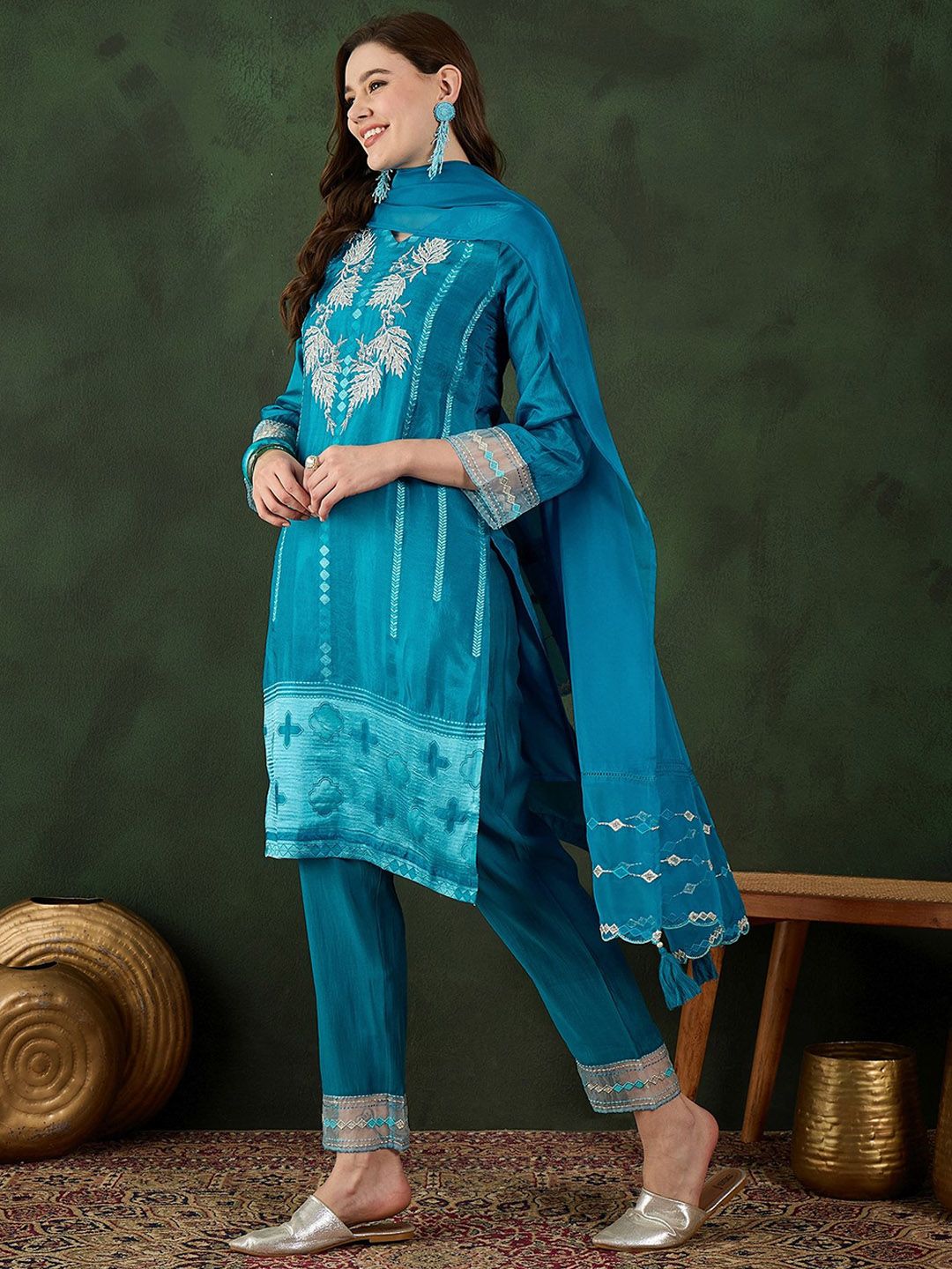 Sangria Embroidered Kurta & Trouser With Dupatta