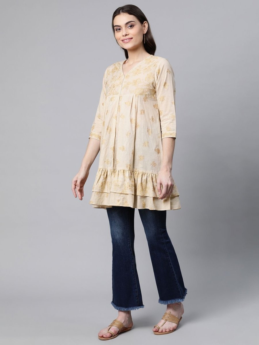 Ahalyaa Beige Cotton Gold Printed Tunic - Distacart