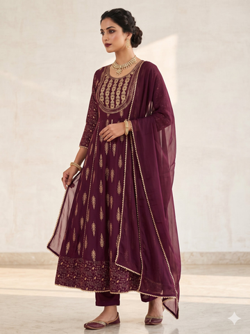 Teeya Creation Women's Premium Wine Color Fully Stitched Anarkali Kurta With Pant And Dupatta Set - Dista
