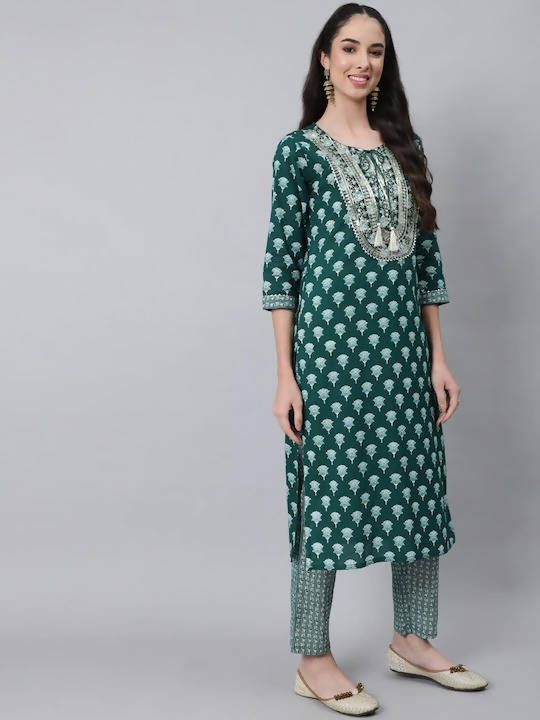 Anubhutee Green Ethnic Motifs Embroidered Thread Work Pure Cotton Kurta with Trousers & With Dupatta - Distacart
