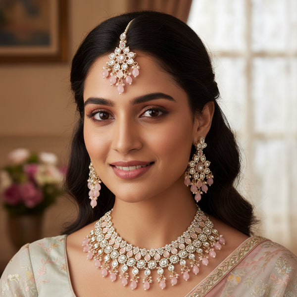 Jewel City Pink Stone Bridal Necklace Set for Women | Traditional Gold-Plated Ethnic Indian Jewelry - Distacart