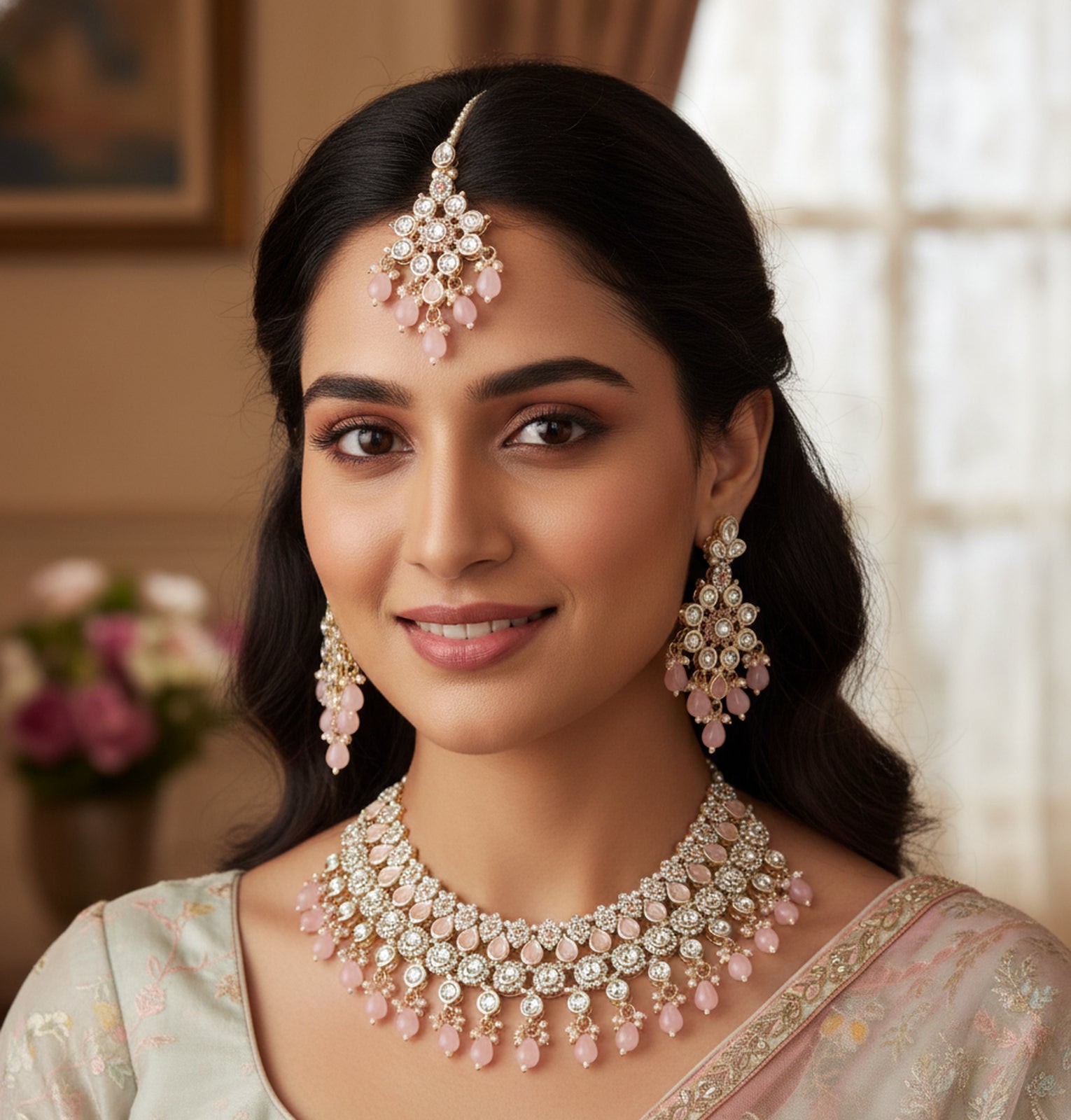 Jewel City Pink Stone Bridal Necklace Set for Women | Traditional Gold-Plated Ethnic Indian Jewelry