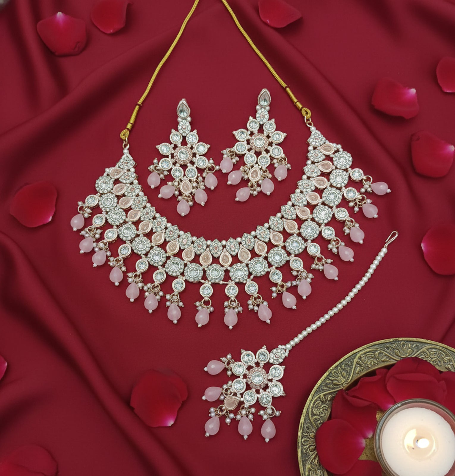 Jewel City Pink Stone Bridal Necklace Set for Women | Traditional Gold-Plated Ethnic Indian Jewelry - Distacart