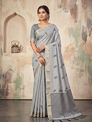Shree Shyam Fashion Grey Woven Work Linen Fabric Daily Wear Saree With Blouse - Dista