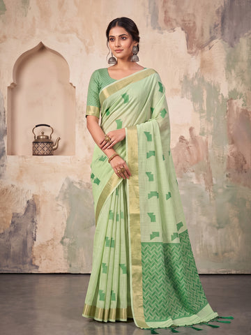 Shree Shyam Fashion Mehendi Green Woven Work Linen Fabric Daily Wear Saree With Blouse - Dista