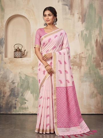 Shree Shyam Fashion Pink Woven Work Linen Fabric Daily Wear Saree With Blouse - Dista