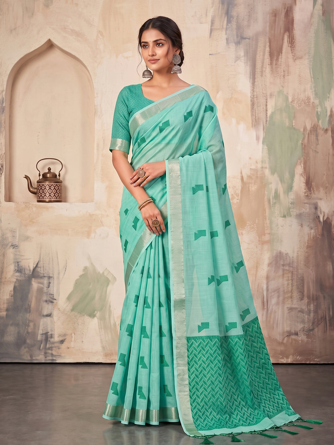 Shree Shyam Fashion Sky Blue Woven Work Linen Fabric Daily Wear Saree With Blouse - Dista