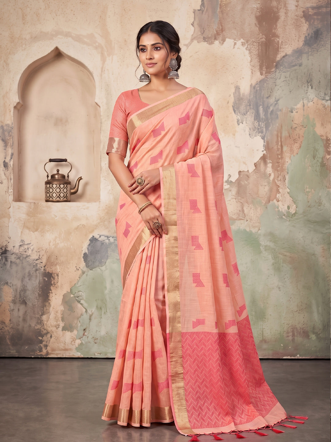Shree Shyam Fashion Pink Woven Work Linen Fabric Daily Wear Saree With Blouse - Dista