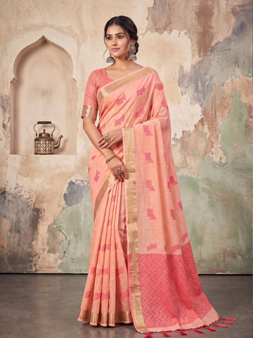 Shree Shyam Fashion Pink Woven Work Linen Fabric Daily Wear Saree With Blouse - Dista