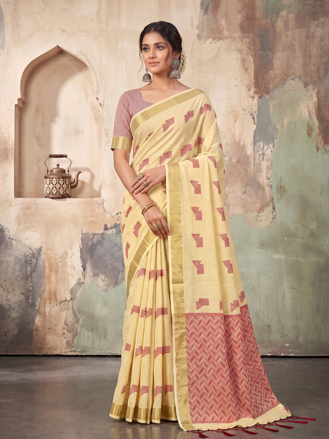 Shree Shyam Fashion Cream Woven Work Linen Fabric Daily Wear Saree With Blouse - Dista