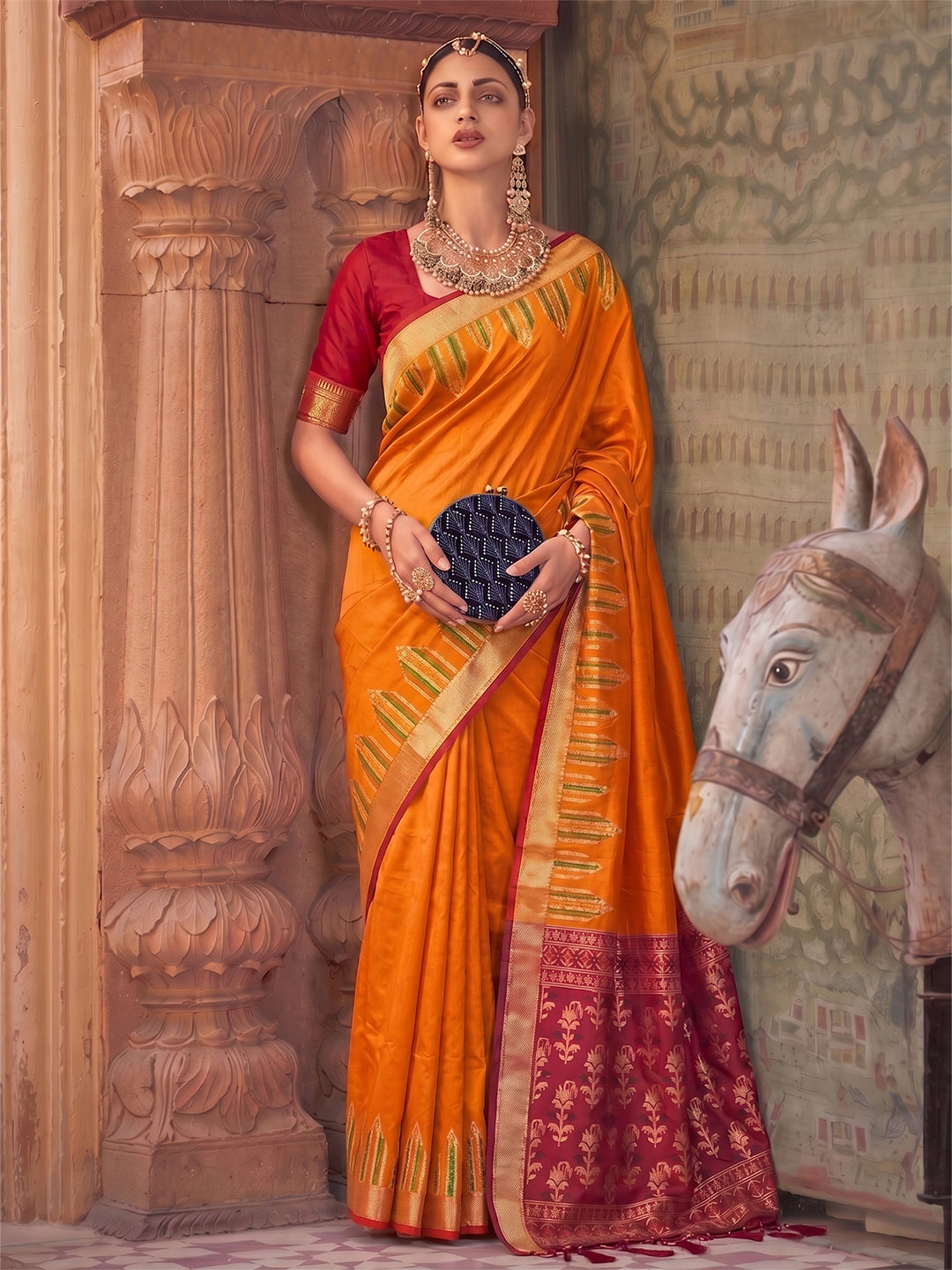 Shree Shyam Fashion Woven Work Soft Silk Fabric Festive Wear Saree With Blouse-Orange Yellow
