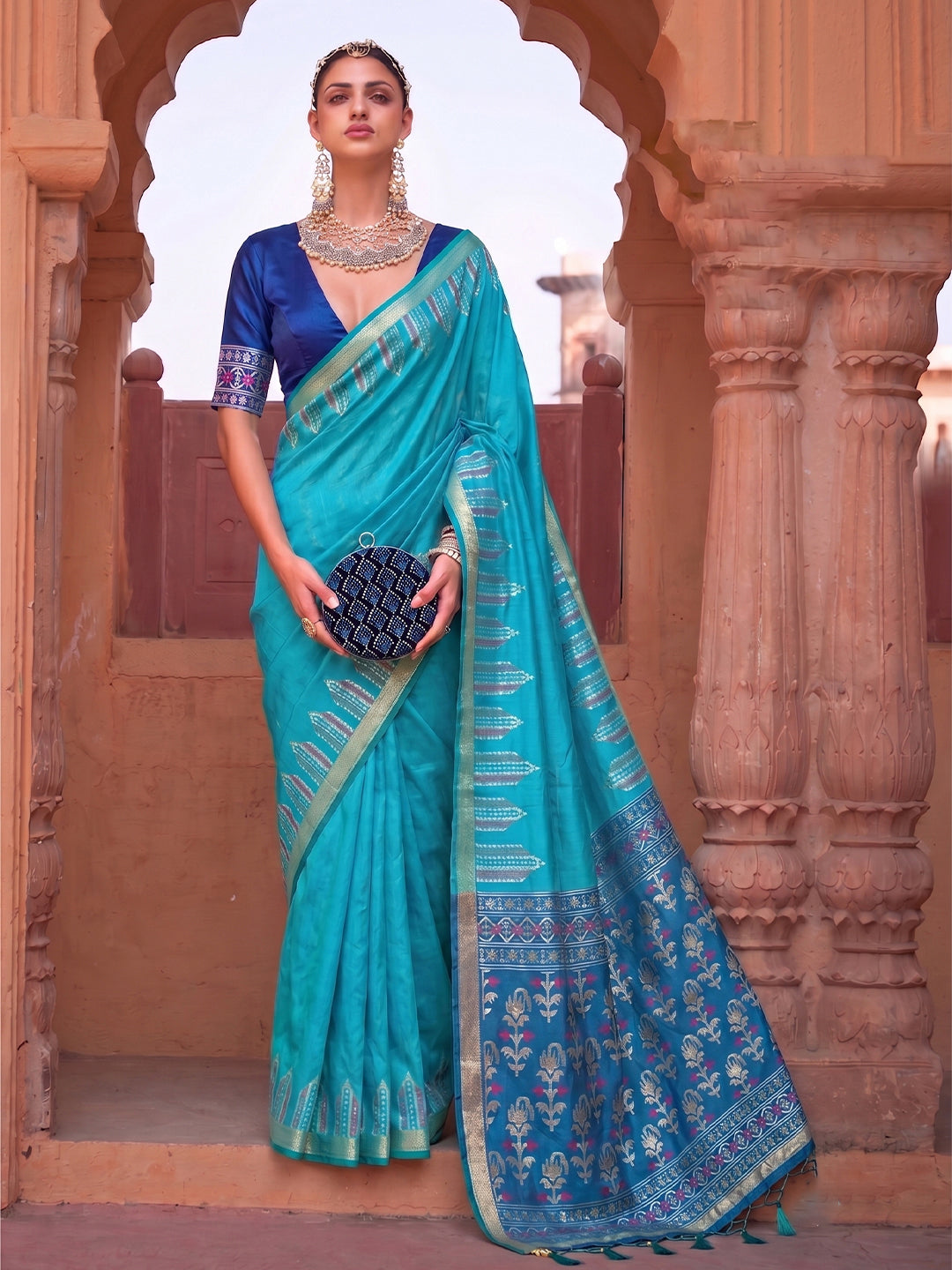 Shree Shyam Fashion Woven Work Soft Silk Fabric Festive Wear Saree With Blouse-Sky Blue