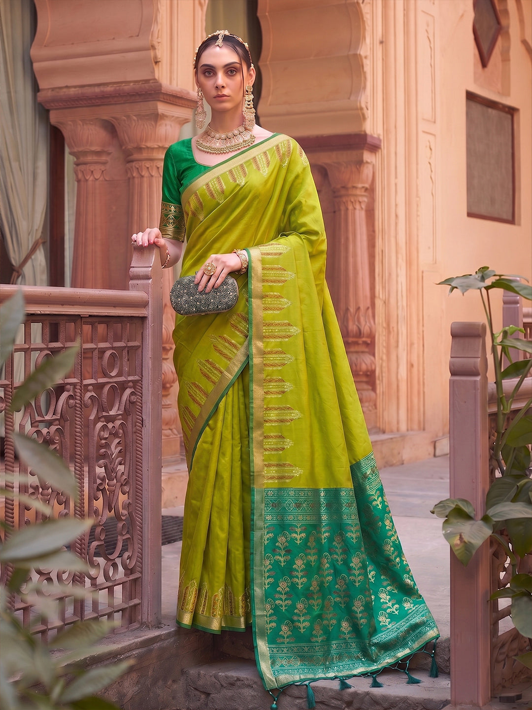 Shree Shyam Fashion Woven Work Soft Silk Fabric Festive Wear Saree With Blouse-Mustrd Green