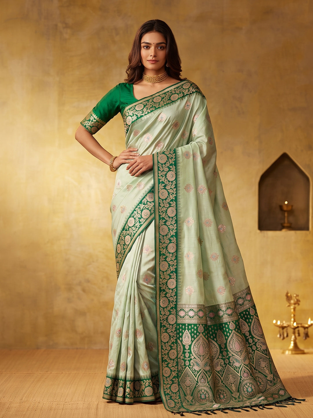 Shree Shyam Fashion Green Zari Work Silk Blend Woven Design Festive Wear Saree With Blouse