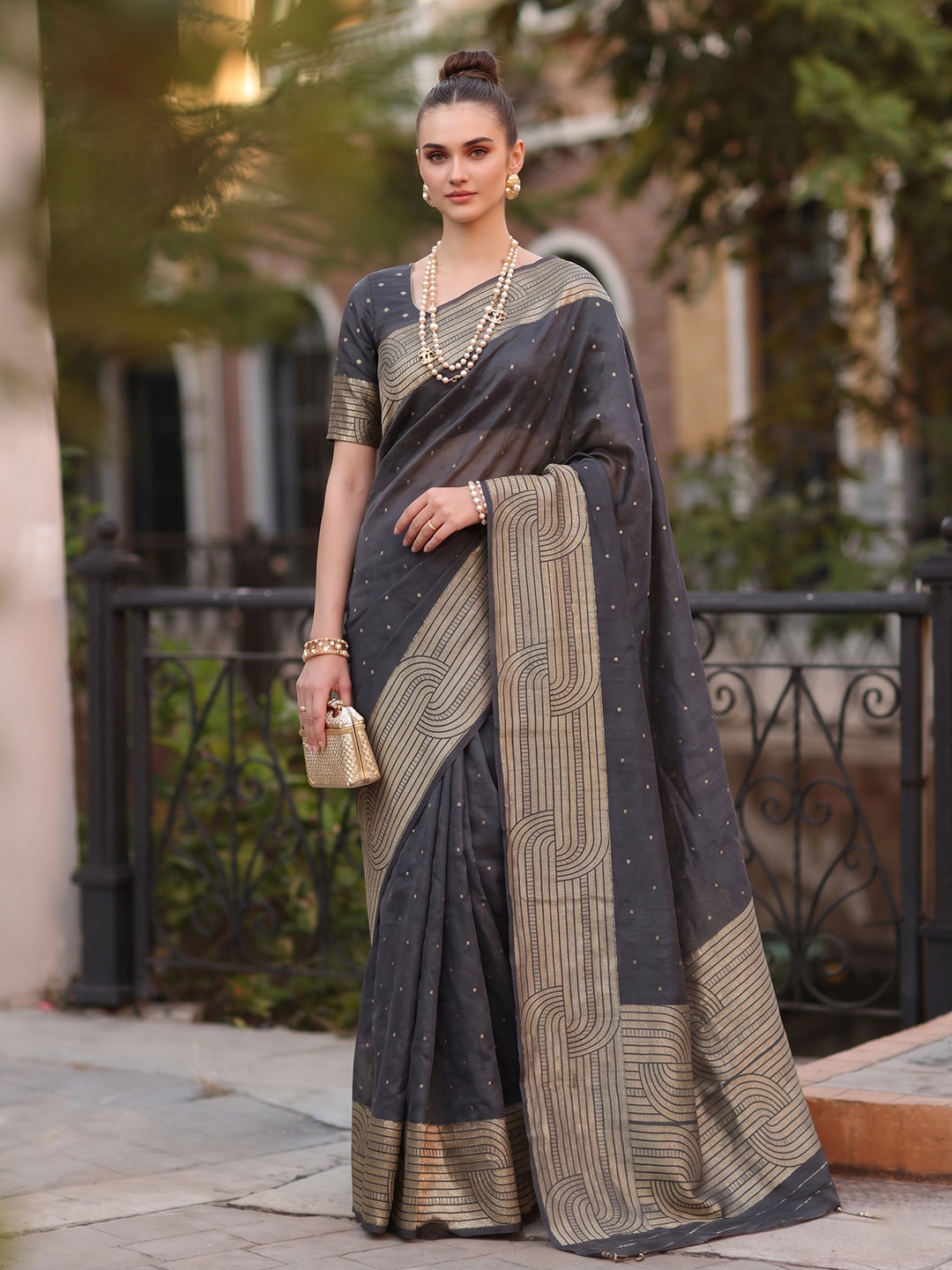 Shree Shyam Fashion Grey Woven Work Art Silk Fabric Party Wear Saree With Blouse - Dista