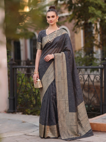 Shree Shyam Fashion Grey Woven Work Art Silk Fabric Party Wear Saree With Blouse - Dista