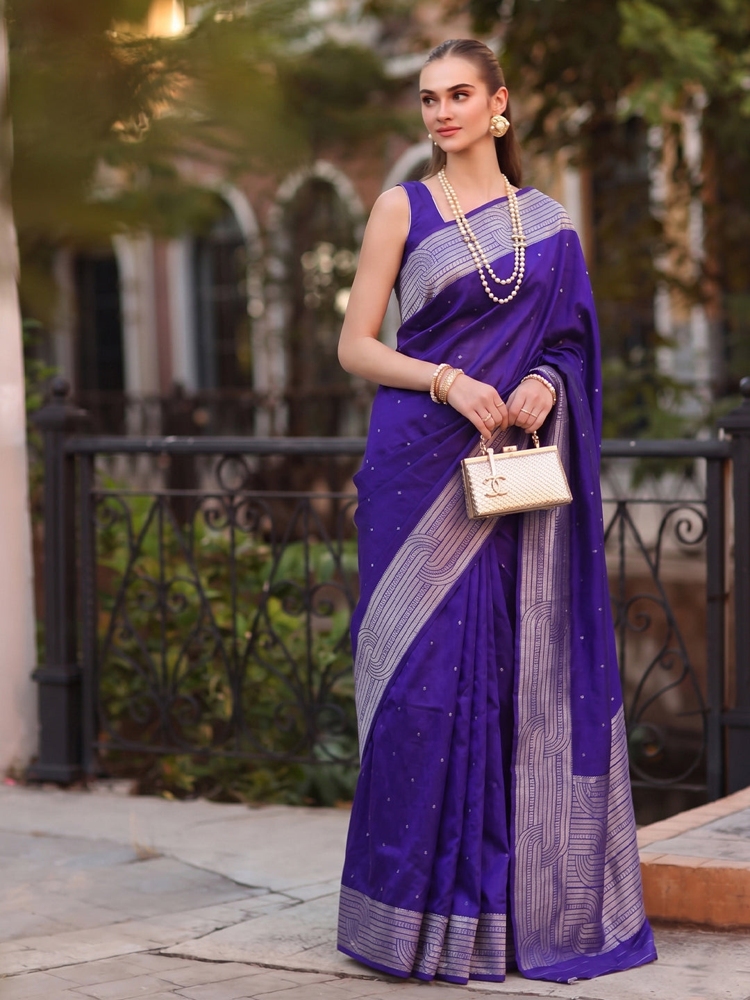 Shree Shyam Fashion Violet Woven Work Art Silk Fabric Party Wear Saree With Blouse - Dista