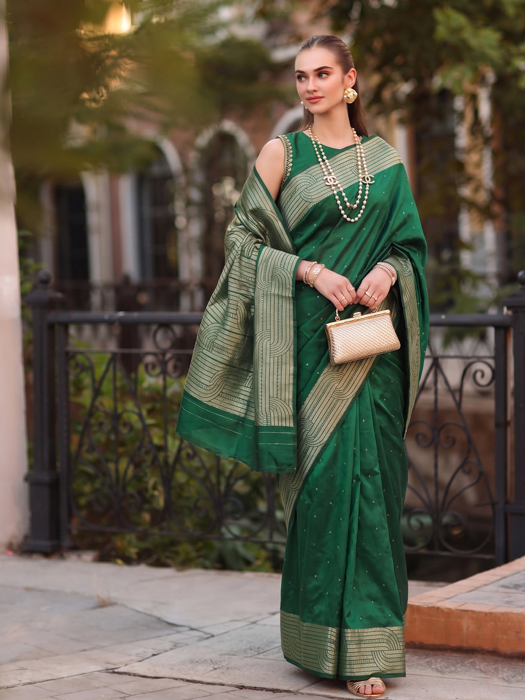 Shree Shyam Fashion Green Woven Work Art Silk Fabric Party Wear Saree With Blouse - Dista