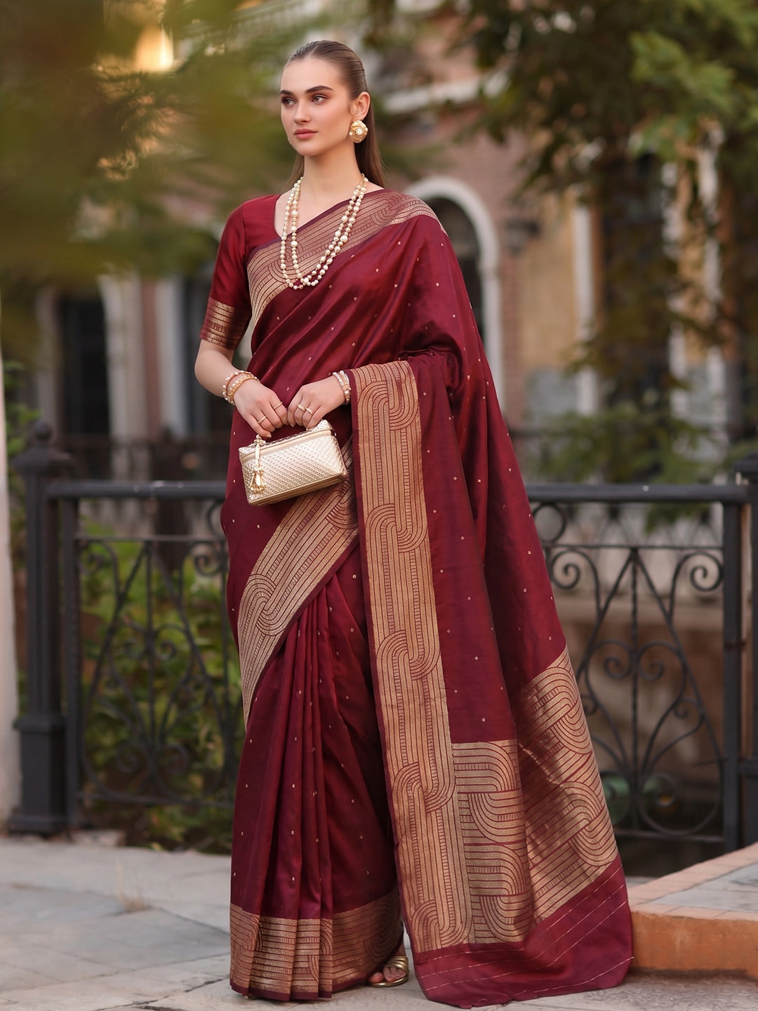 Shree Shyam Fashion Maroon Woven Work Art Silk Fabric Party Wear Saree With Blouse - Dista