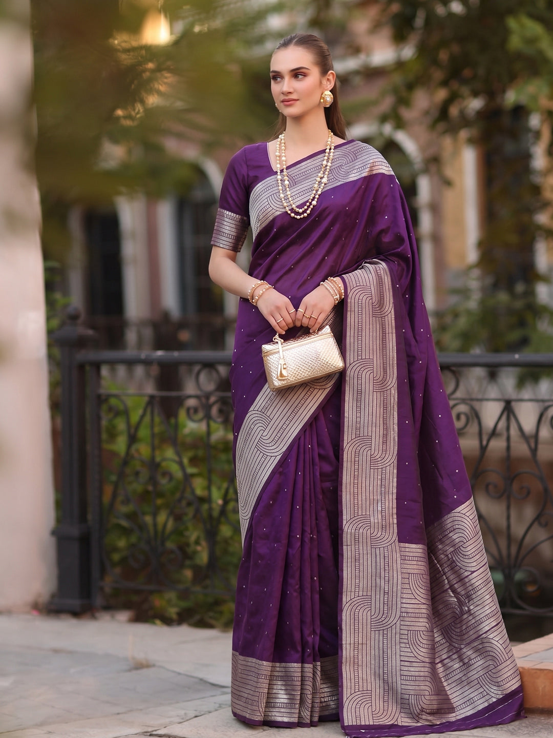 Shree Shyam Fashion Purple Woven Work Art Silk Fabric Party Wear Saree With Blouse - Dista