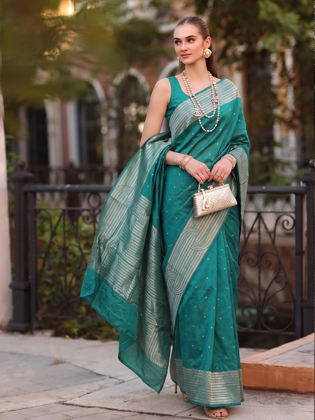Shree Shyam Fashion Rama Green Woven Work Art Silk Fabric Party Wear Saree With Blouse - Dista