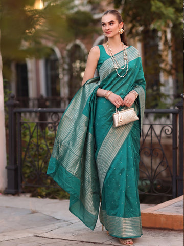 Shree Shyam Fashion Rama Green Woven Work Art Silk Fabric Party Wear Saree With Blouse - Dista